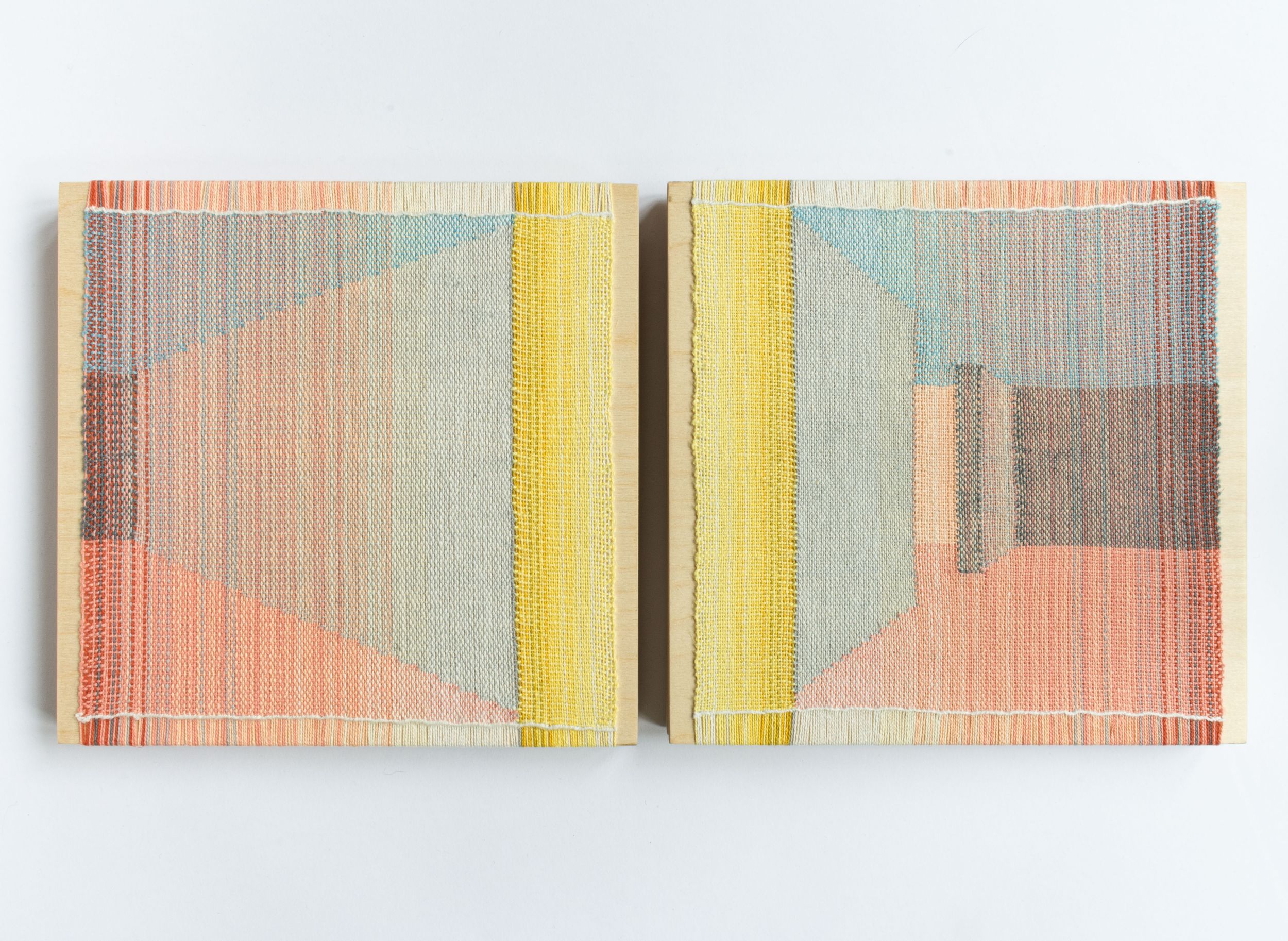 Cotton/linen weavings presented on plywood tiles